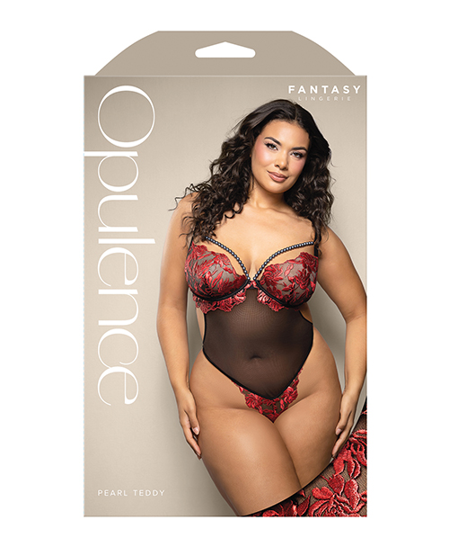 Thumbnail for Opulence Embroidered Underwire Open Crotch Teddy w/Pearl Detail - Red QN