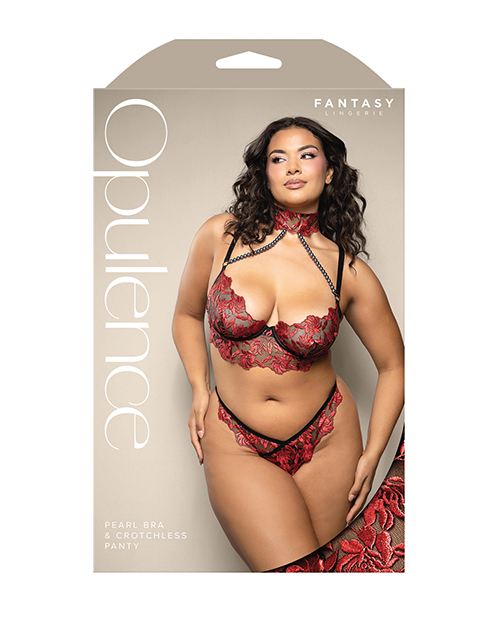 Thumbnail for Opulence Embroidered Underwire Bralette & Crotchless Panty w/Pearl Details 2 pc Set - Red QN