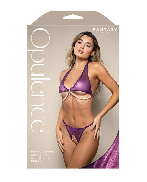 Thumbnail for Opulence Shimmer Mesh Halter Top &amp; Panty w/Pearl Details - Purple L/XL