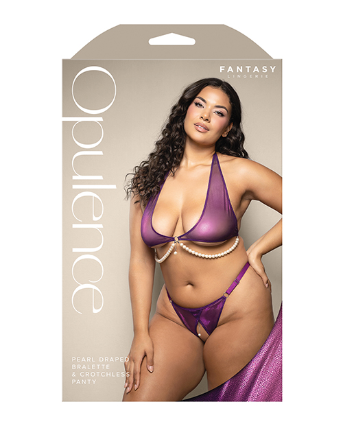 Thumbnail for Opulence Shimmer Mesh Halter Top &amp; Panty w/Pearl Details - Purple QN