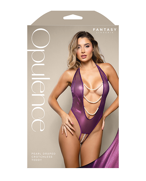 Thumbnail for Opulence Shimmer Mesh Halter Teddy w/Pearl Details - Purple M/L