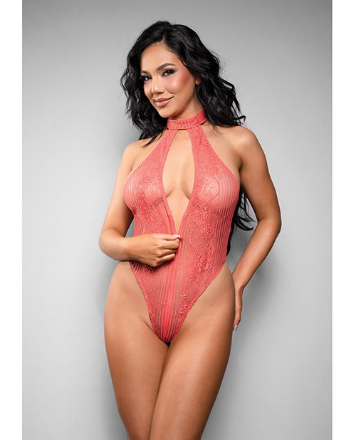 Thumbnail for Temptress Calliope Striped Sheer Floral Lace Zippered Teddy - Coral M/L