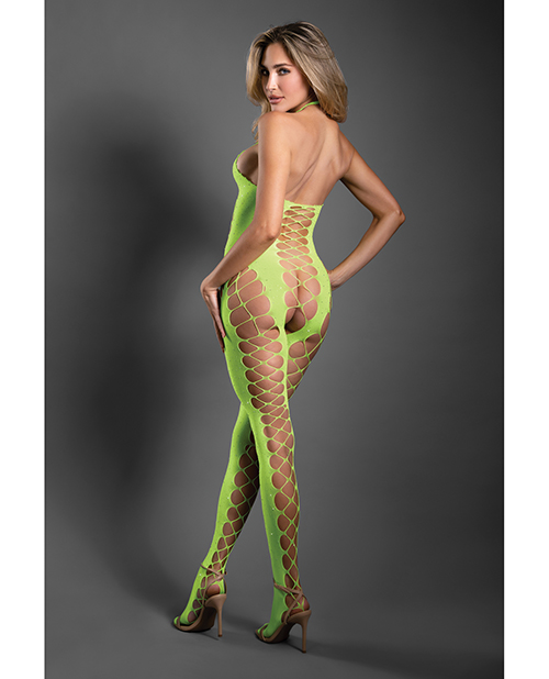 Thumbnail for Sheer Unstoppable Crotchless Rhinestone Halter Bodystocking - Neon Green O/S