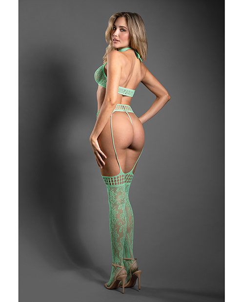 Thumbnail for Sheer Heart Of Glass Lace Knit Halter Top w/G-String & Gartered Stockings 3 pc Set - Mint O/S