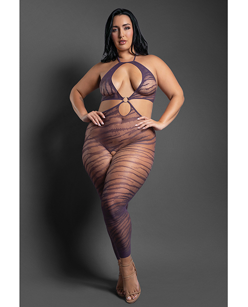 Sheer Set Me Free Mesh Body Stocking w/Zebra Pattern &amp; Open Crotch - Purple QN