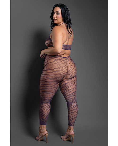 Thumbnail for Sheer Set Me Free Mesh Body Stocking w/Zebra Pattern &amp; Open Crotch - Purple QN