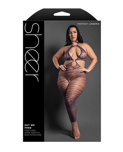 Thumbnail for Sheer Set Me Free Mesh Body Stocking w/Zebra Pattern &amp; Open Crotch - Purple QN