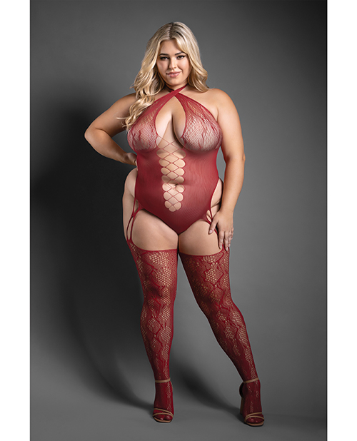 Thumbnail for Sheer Pretty Poison Snakeskin Pattern Halter Bodystocking - Burgundy QN