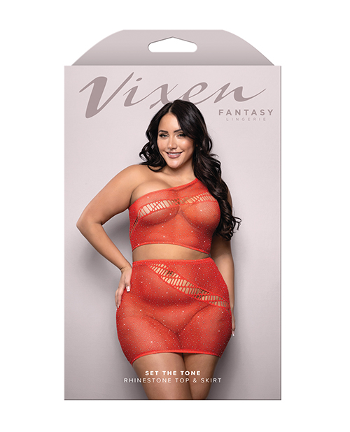 Thumbnail for Vixen Set The Tone Rhinestone Knit One Shoulder Top w/Skirt 2 pc Set - Red QN