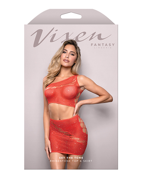 Thumbnail for Vixen Set The Tone Rhinestone Knit One Shoulder Top w/Skirt 2 pc Set - Red O/S