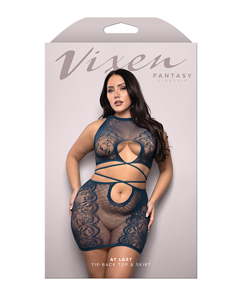 Thumbnail for Vixen Floral Lace Knit Tie Back Top w/Skirt 2 pc Set - Navy QN