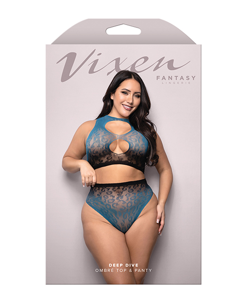 Thumbnail for Vixen Deep Dive Ombre Leopard Knit Keyhole Top w/Panty 2 pc Set - Black/Blue QN