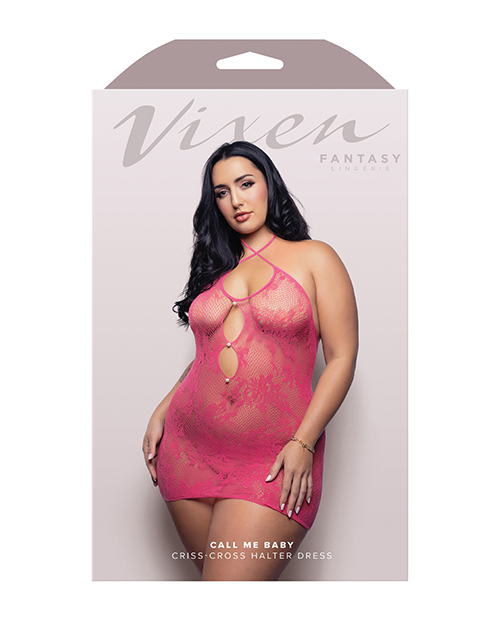 Thumbnail for Vixen Call Me Baby Halter Dress w/Pearl Details - Hot Pink QN