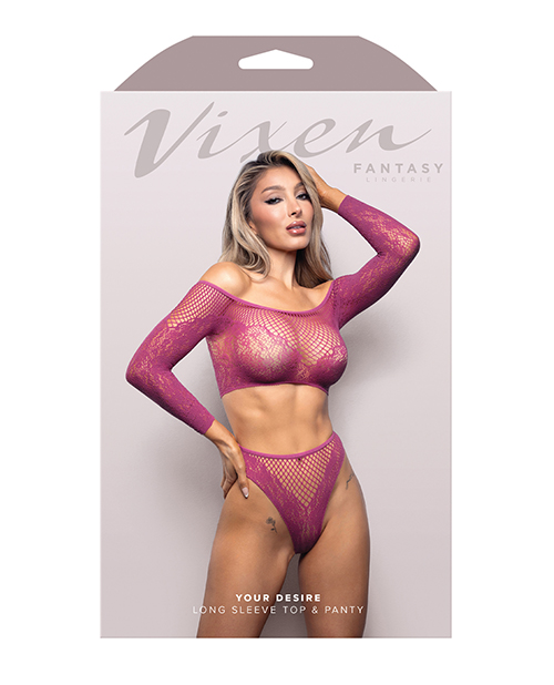 Thumbnail for Vixen Your Desire Scalloped Long Sleeve 2 pc Set - Magenta O/S