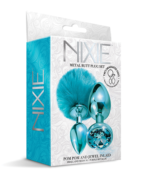 Thumbnail for Nixie Metal Butt Plug Set w/Jewel Inlaid &amp; Pom Pom - Blue Metallic