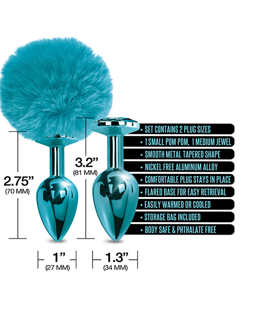 Thumbnail for Nixie Metal Butt Plug Set w/Jewel Inlaid &amp; Pom Pom - Blue Metallic