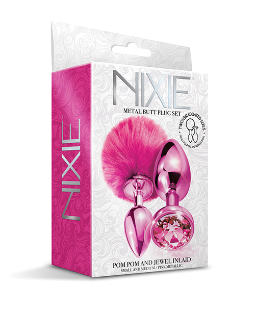 Thumbnail for Nixie Metal Butt Plug Set w/Jewel Inlaid &amp; Pom Pom - Pink Metallic
