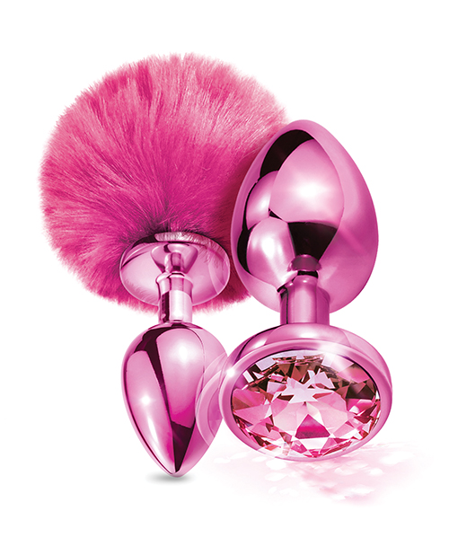 Thumbnail for Nixie Metal Butt Plug Set w/Jewel Inlaid &amp; Pom Pom - Pink Metallic