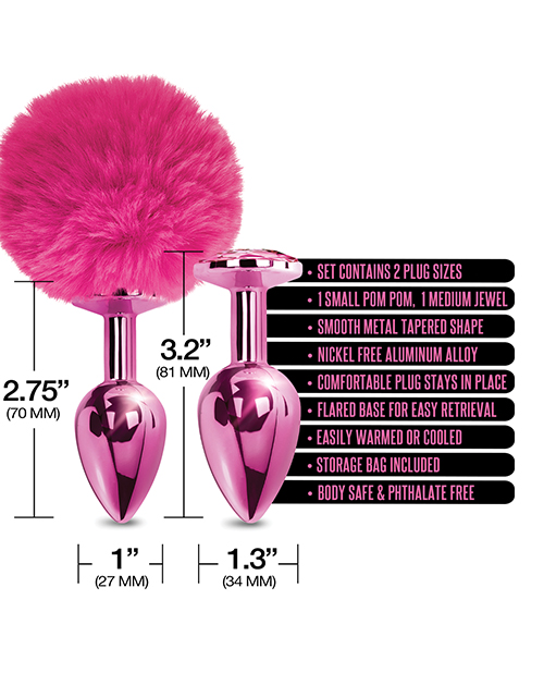 Thumbnail for Nixie Metal Butt Plug Set w/Jewel Inlaid &amp; Pom Pom - Pink Metallic
