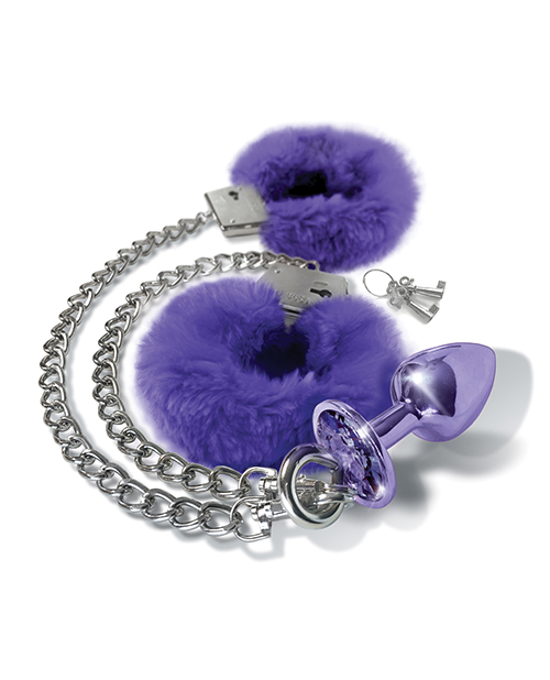 Thumbnail for Nixie Metal Butt Plug w/Inlaid Jewel & Fur Cuff Set - Purple Metallic