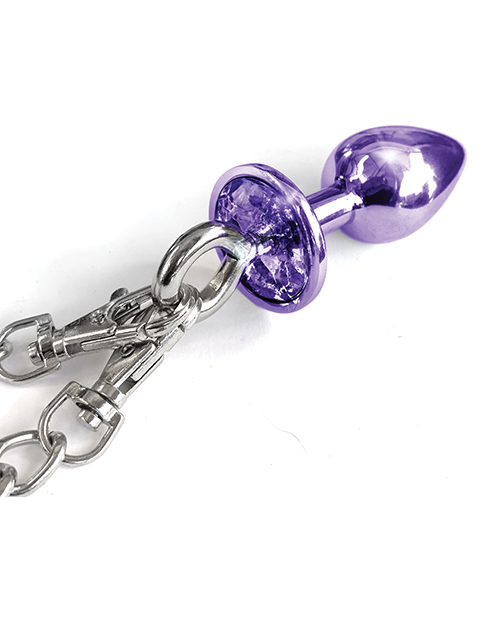 Thumbnail for Nixie Metal Butt Plug w/Inlaid Jewel & Fur Cuff Set - Purple Metallic
