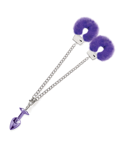 Thumbnail for Nixie Metal Butt Plug w/Inlaid Jewel & Fur Cuff Set - Purple Metallic