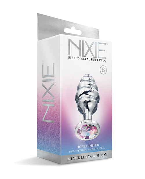 Thumbnail for Nixie Honey Dipper Ribbed Metal Rainbow Jeweled Butt Plug - Small