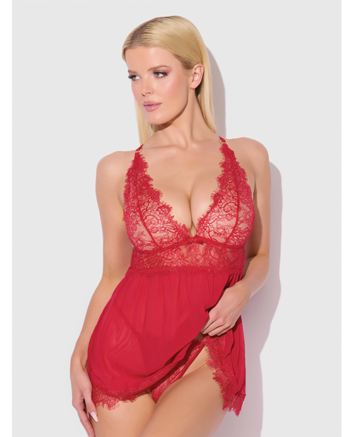 Mila Eyelash Lace &amp; Mesh Babydoll w/G-String 2 pc Set - Red MD