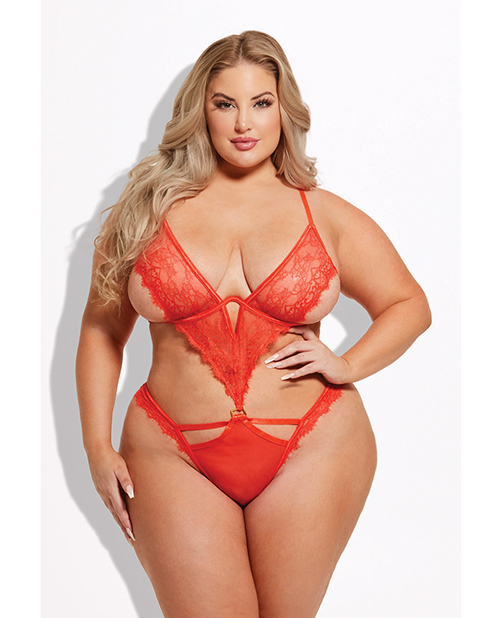 Nadia Lace &amp; Mesh Cutout Teddy - Grenadine Dark Orange 1X/2X