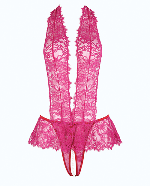 Thumbnail for Jocelyn Lace Halter Teddy w/Open Crotch - Raspberry 3X/4X