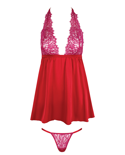 Thumbnail for Jocelyn Lace &amp; Satin Halter Mini Babydoll Dress w/Thong - Raspberry MD