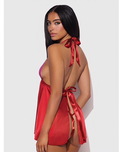 Thumbnail for Jocelyn Lace &amp; Satin Halter Mini Babydoll Dress w/Thong - Raspberry SM