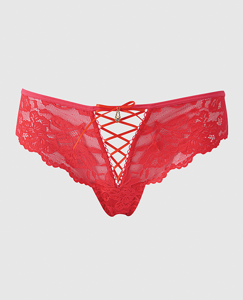 Thumbnail for Bella Lace Up Tanga Panty w/Jewel Detail - Coral MD
