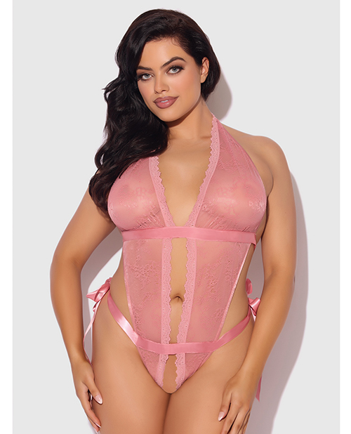 Kiki Lace &amp; Satin Drop Off Teddy - Rose 3X/4X