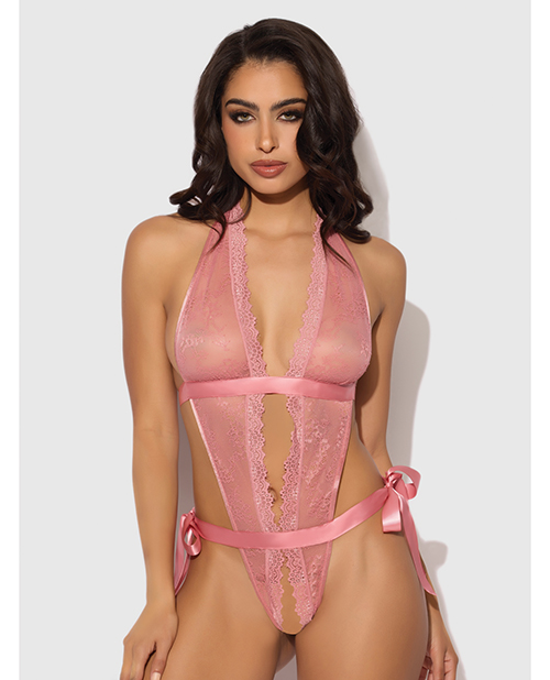 Kiki Lace &amp; Satin Drop Off Teddy - Rose LG