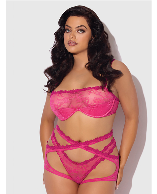 Yvone Lace Bra w/Removable Straps, Garter &amp; Tanga Panty 3 pc Set - Pink 3X/4X