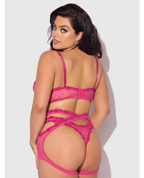 Thumbnail for Yvone Lace Bra w/Removable Straps, Garter & Tanga Panty 3 pc Set - Pink 3X/4X
