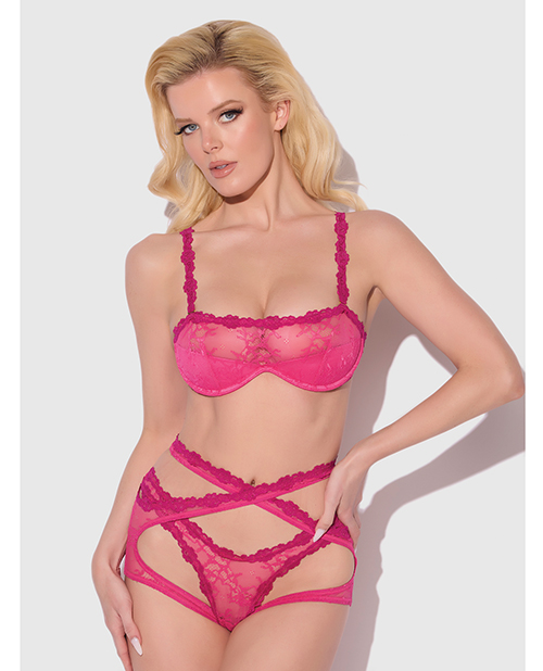Yvone Lace Bra w/Removable Straps, Garter &amp; Tanga Panty 3 pc Set - Pink SM
