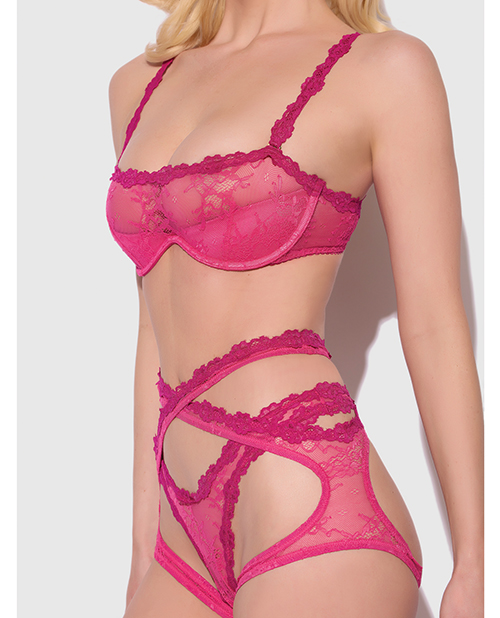 Thumbnail for Yvone Lace Bra w/Removable Straps, Garter & Tanga Panty 3 pc Set - Pink XL