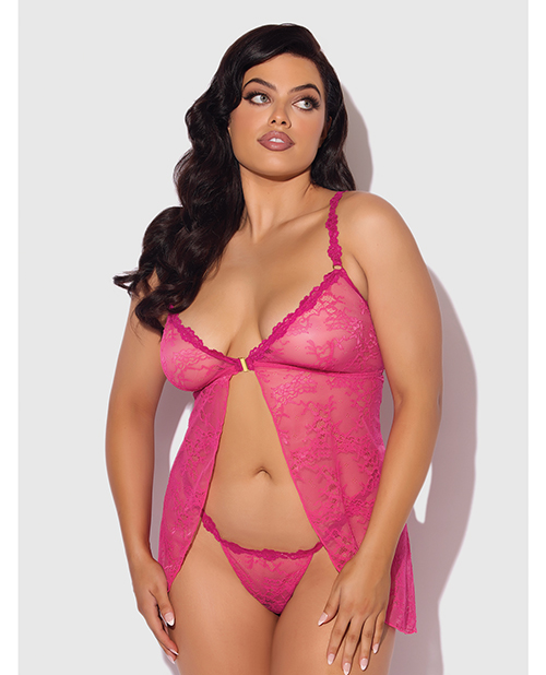 Yvone Lace Babydoll w/Front Closure &amp; G-String 2 pc Set - Pink 3X/4X