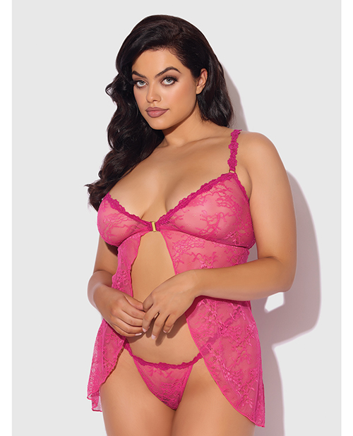 Thumbnail for Yvone Lace Babydoll w/Front Closure &amp; G-String 2 pc Set - Pink 3X/4X
