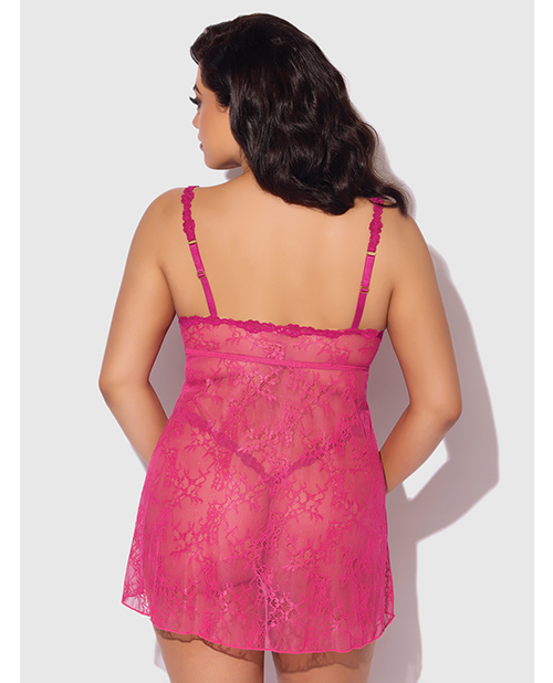 Thumbnail for Yvone Lace Babydoll w/Front Closure &amp; G-String 2 pc Set - Pink 3X/4X