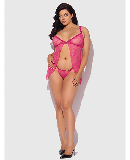 Thumbnail for Yvone Lace Babydoll w/Front Closure &amp; G-String 2 pc Set - Pink 3X/4X