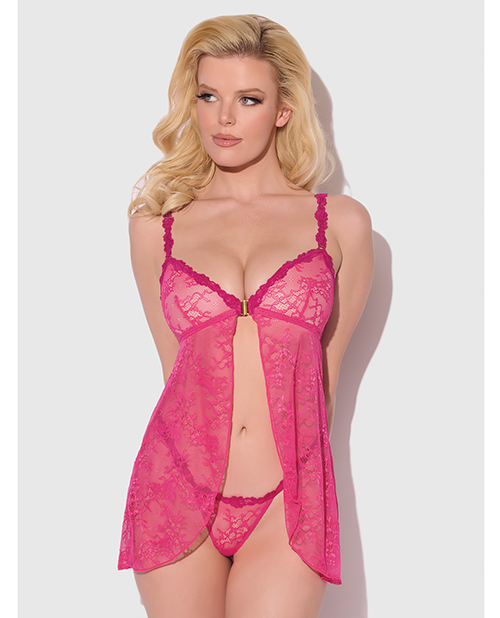 Yvone Lace Babydoll w/Front Closure &amp; G-String 2 pc Set - Pink MD