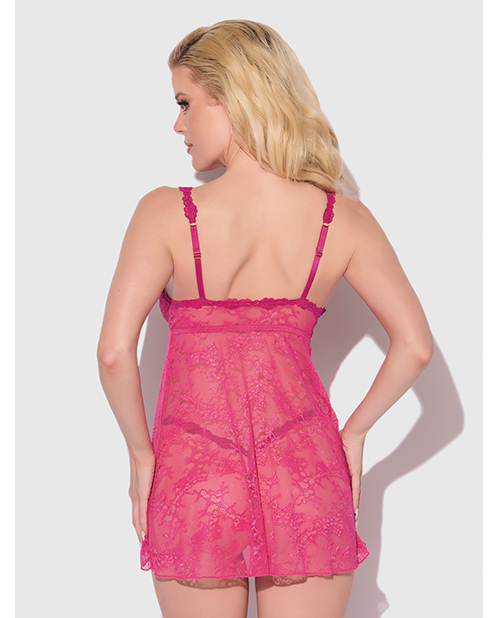 Thumbnail for Yvone Lace Babydoll w/Front Closure &amp; G-String 2 pc Set - Pink XL