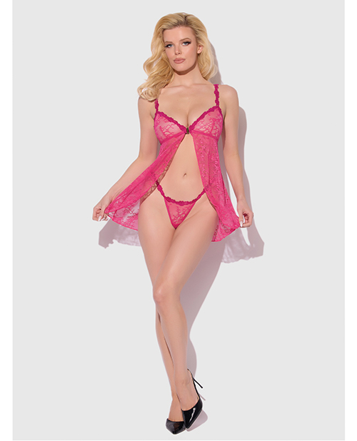 Thumbnail for Yvone Lace Babydoll w/Front Closure &amp; G-String 2 pc Set - Pink XL