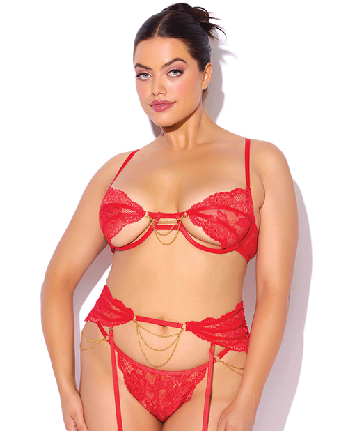 Cecily Lace Cut-Out Bra &amp; Thong w/Garter Straps - Red 1X/2X