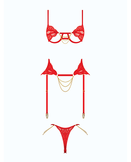 Thumbnail for Cecily Lace Cut-Out Bra &amp; Thong w/Garter Straps - Red 3X/4X