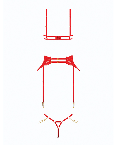 Thumbnail for Cecily Lace Cut-Out Bra &amp; Thong w/Garter Straps - Red 3X/4X