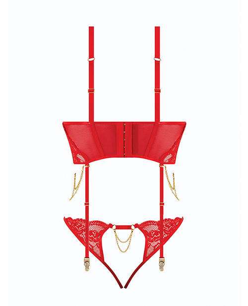 Thumbnail for Cecily Lace &amp; Mesh Bustier w/Thong &amp; Garter Straps - Red 1X/2X